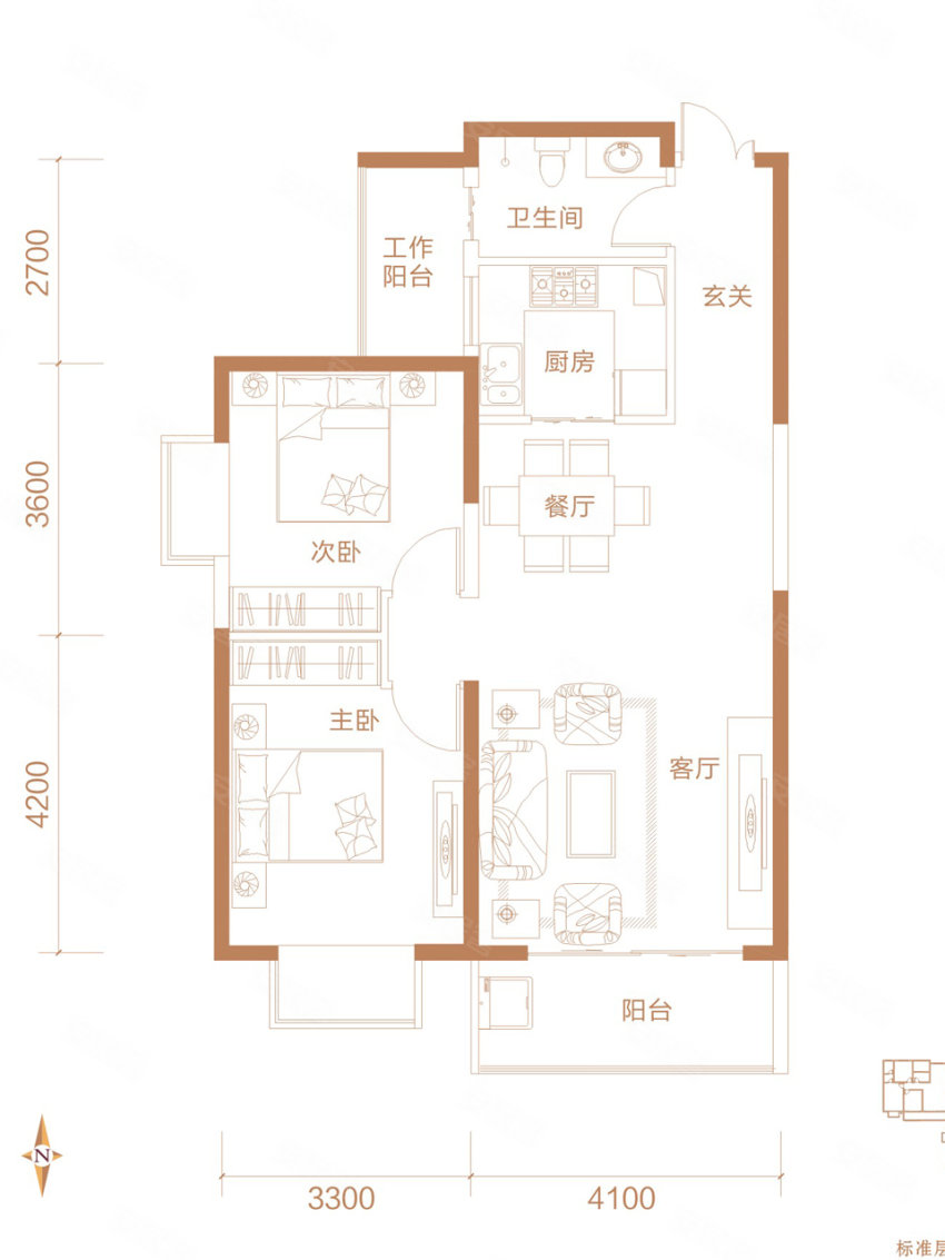 99平米户型 2室2厅1卫