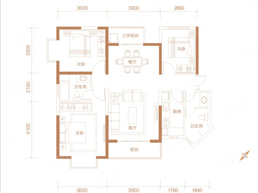 3室2厅2卫1厨  建面115.00平米