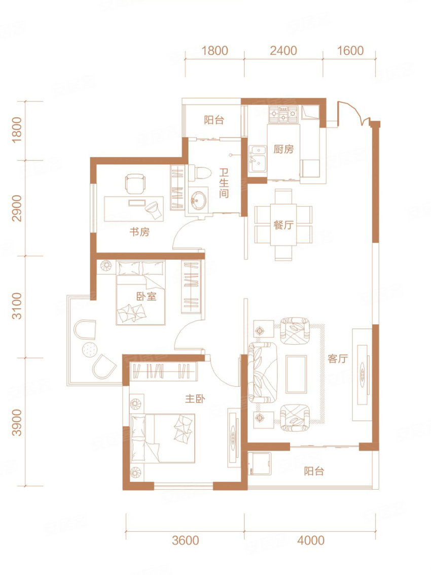 3室2厅1卫1厨  建面113.00平米