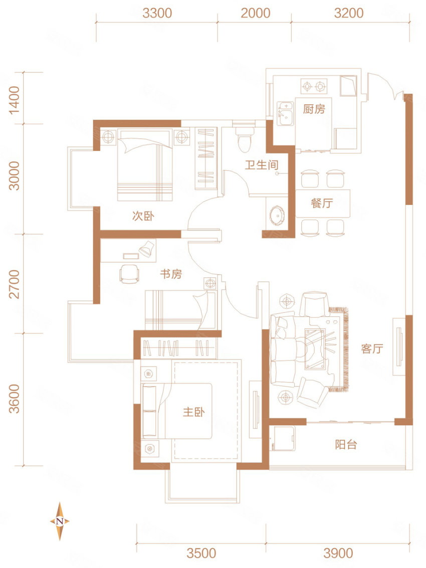 3室2厅1卫1厨 建面96.00平米