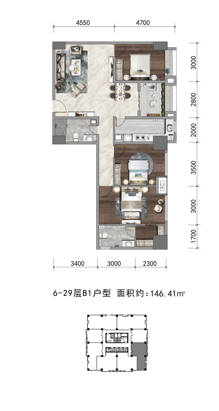 3室2厅1厨2卫 146.41平米