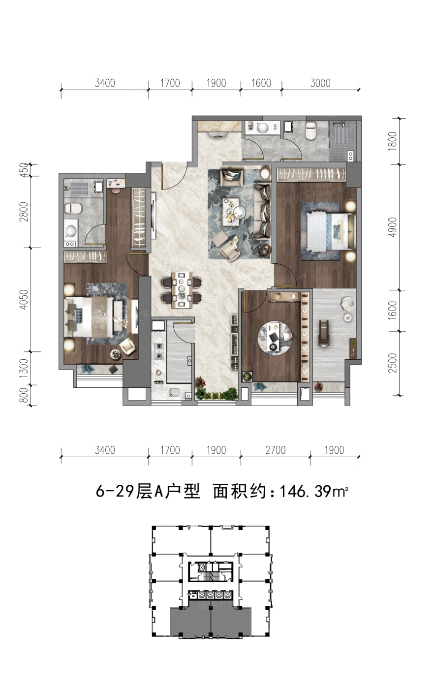 3室2厅1厨2卫 146.39平米