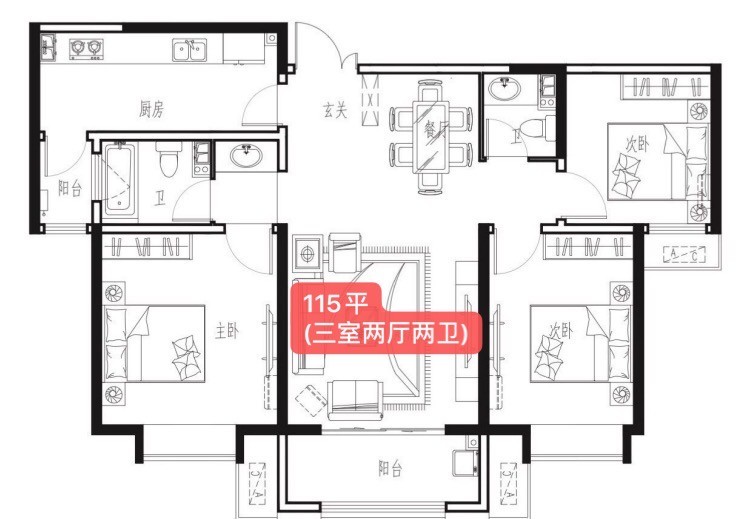 3室2厅2卫 建面：115㎡