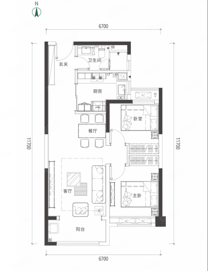 2室2厅1卫 建面：86㎡