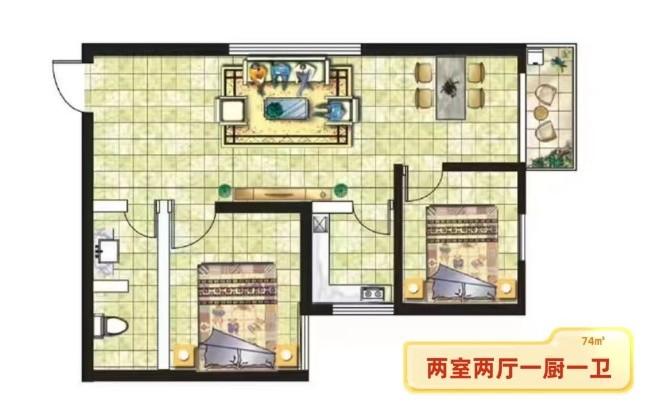 2室2厅1卫 建面：74.44㎡