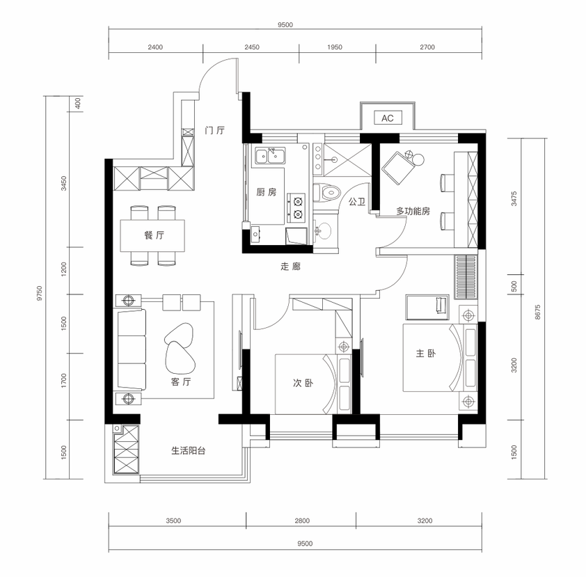 3室2厅1卫 建面：99.31㎡