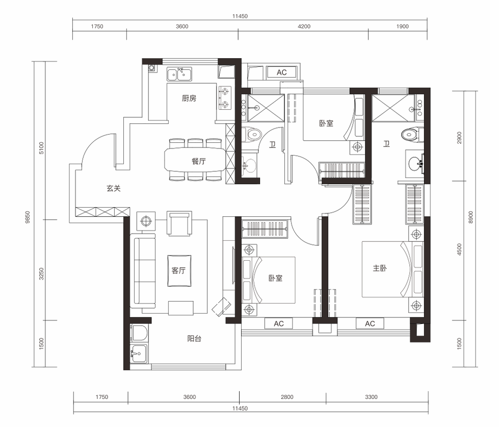 3室2厅2卫 建面：108.17㎡