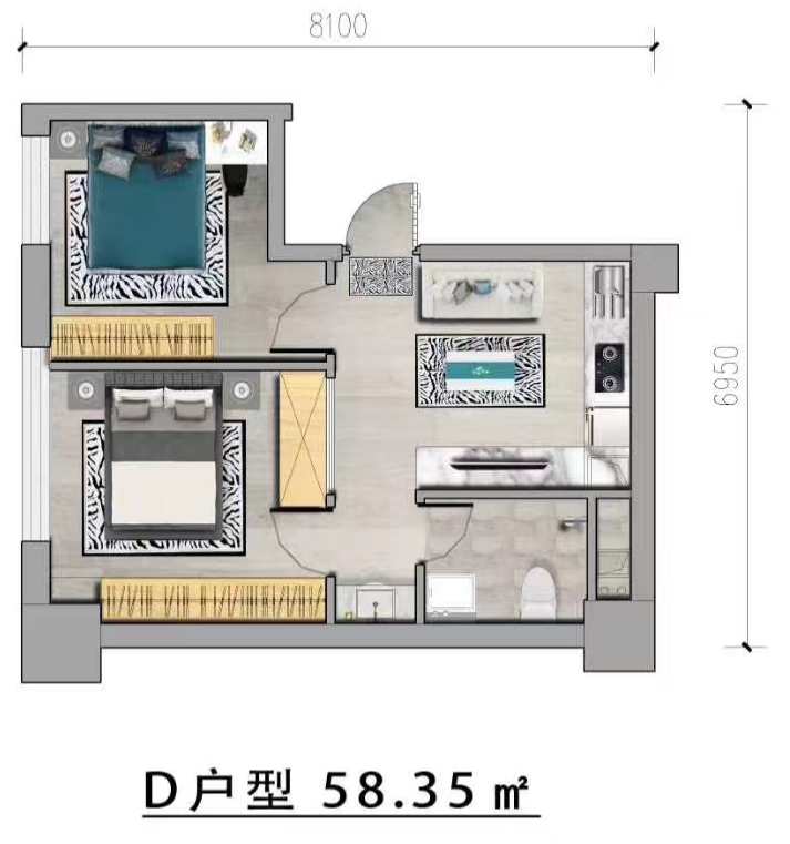 2室2厅1卫 建面：58.35㎡