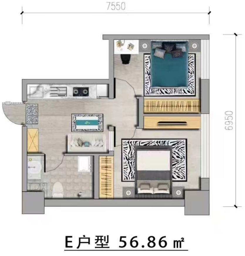 2室2厅1卫 建面：56.86㎡